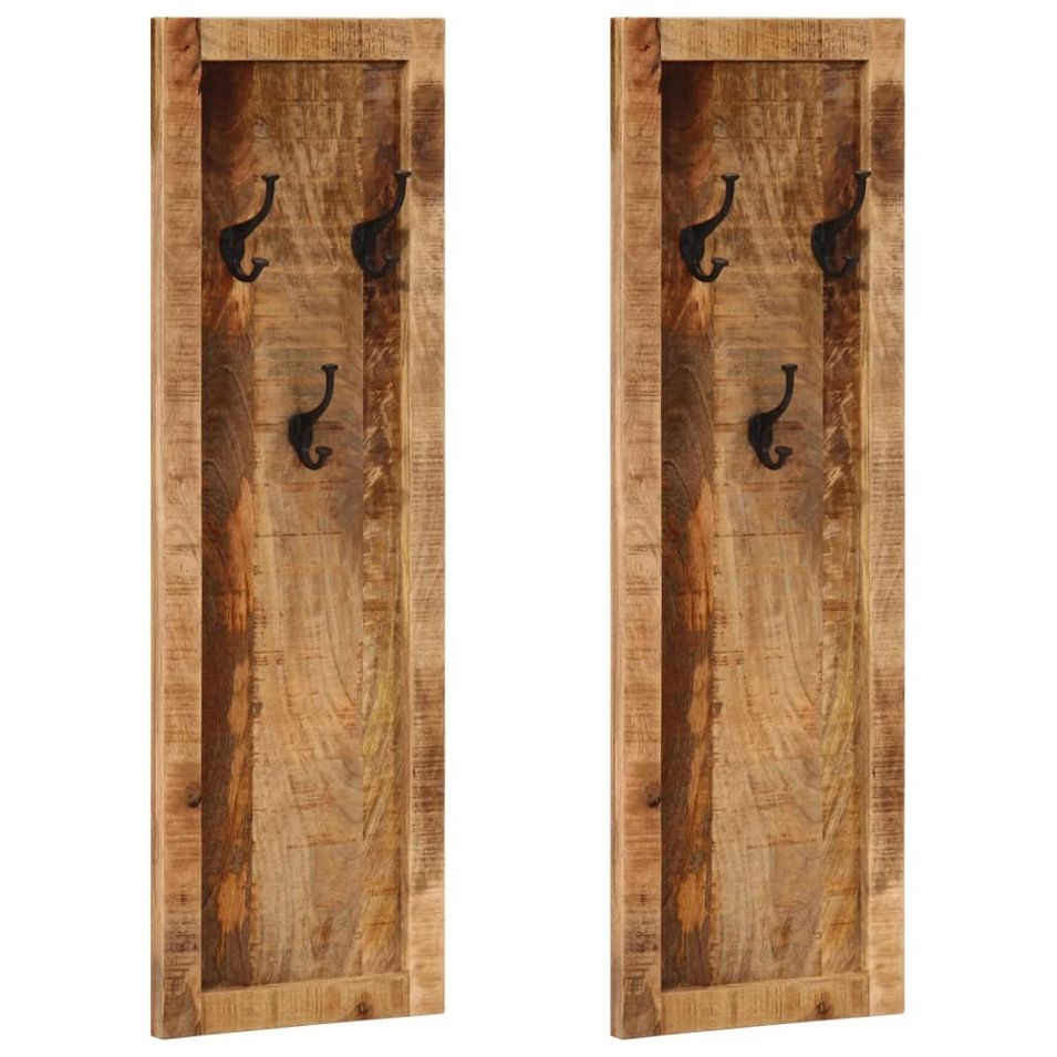 Porte-manteaux muraux 3 crochets 2 pcs bois de manguier massif - Photo n°1
