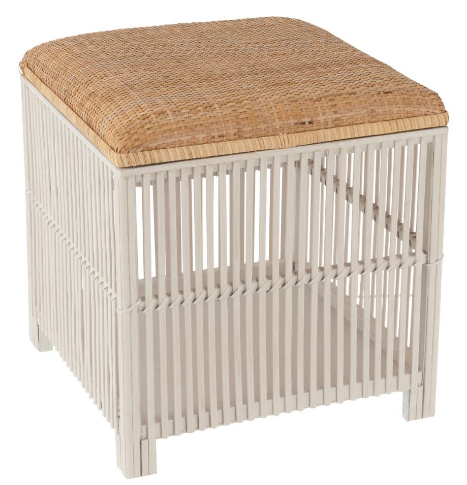Pouf avec rangement carré bambou blanc et naturel Laura D 41 cm - Photo n°1