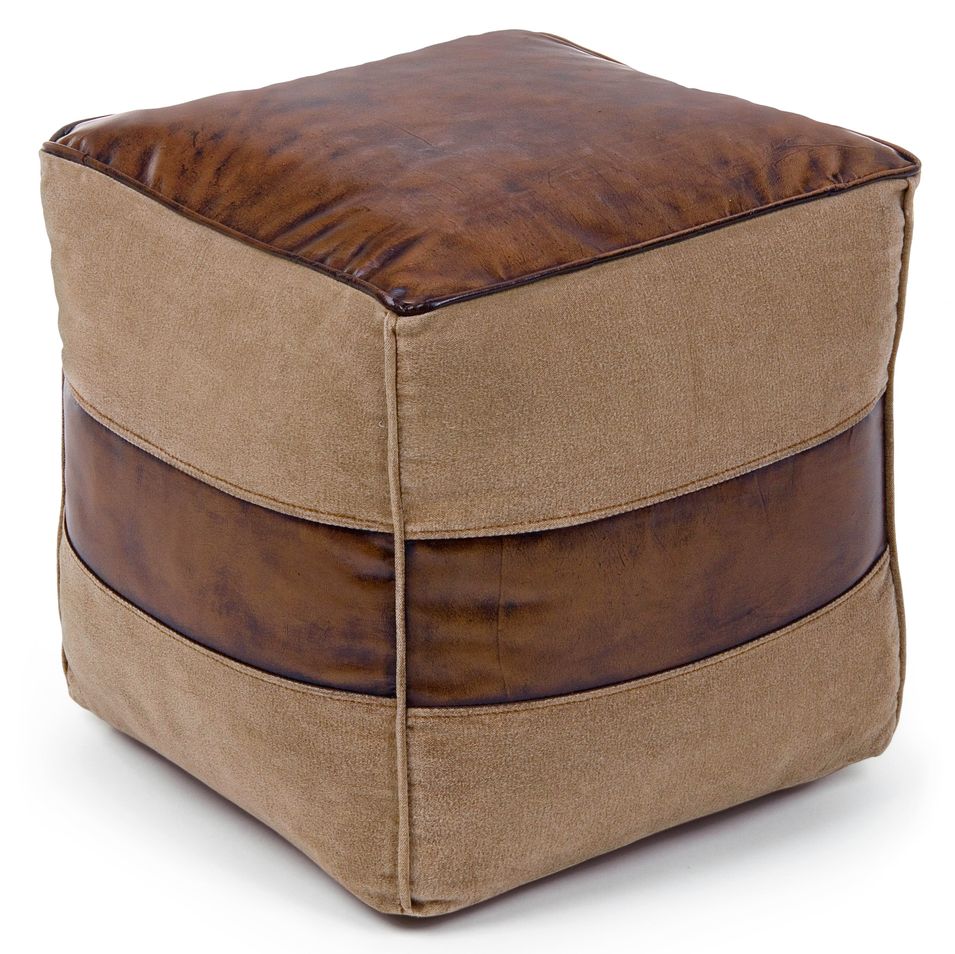 Pouf carré en cuir et toile recyclée Charlie - Lot de 2 - Photo n°1
