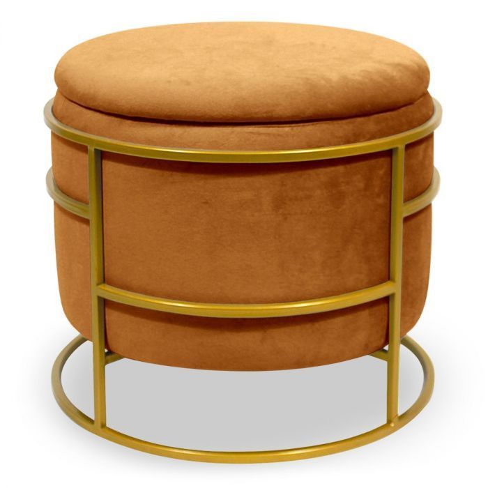 Pouf coffre rond velours marron et métal doré Pissou - Photo n°1