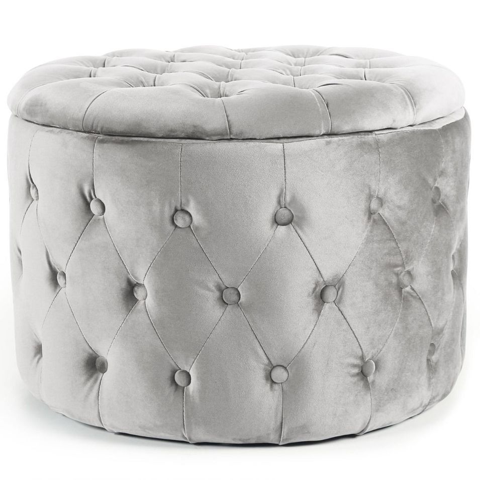 Pouf coffre rond velours argenté Malvina - Photo n°1