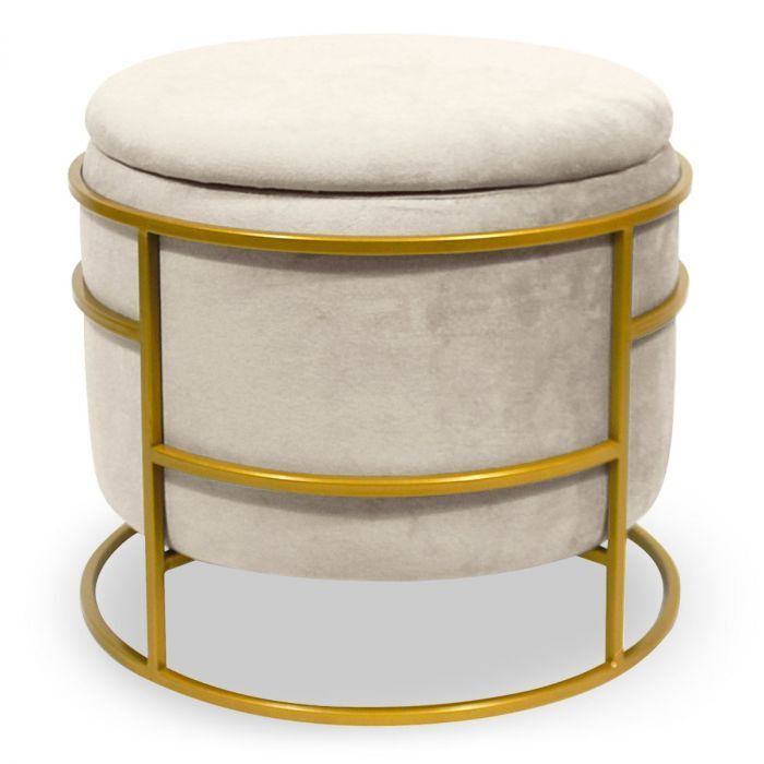 Pouf coffre rond velours beige et métal doré Pissou - Photo n°1