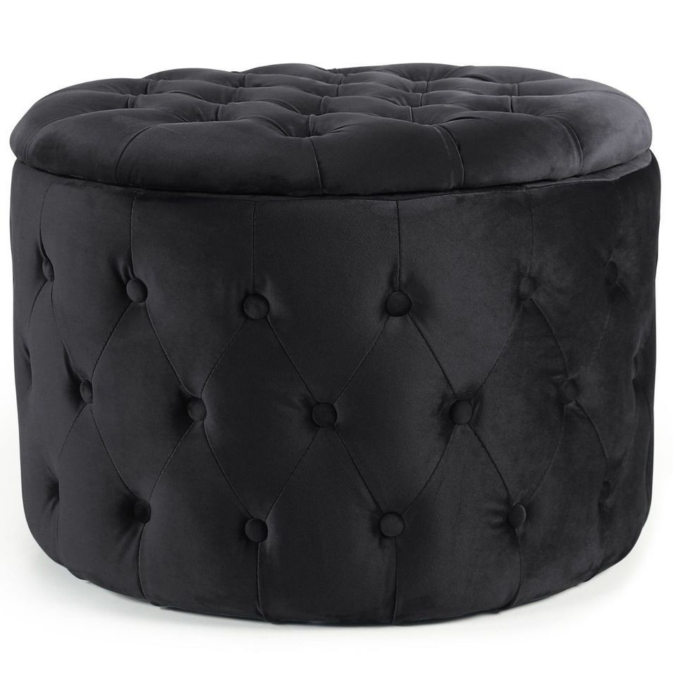 Pouf coffre rond velours noir Malvina - Photo n°1