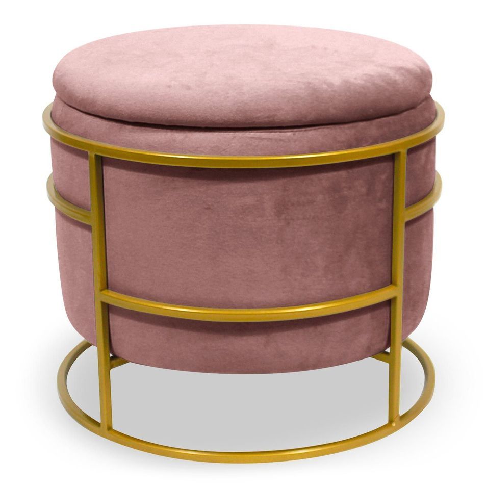 Pouf coffre rond velours rose et pieds métal doré Pissou - Photo n°1