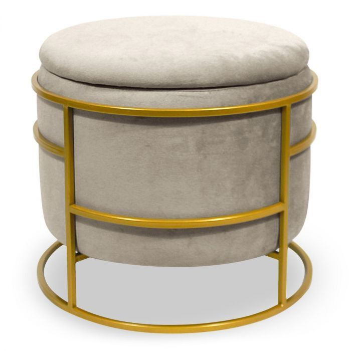 Pouf coffre rond velours taupe et métal doré Pissou - Photo n°1