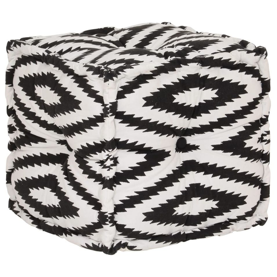 Pouf Cube en coton Motif fait à la main 40x40 cm Noir et blanc - Photo n°1