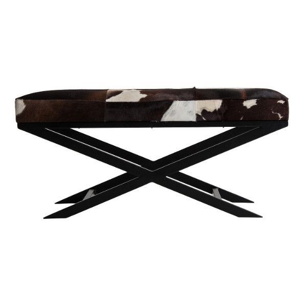 Pouf cuir marron et blanc et pieds métal noir Twicy - Photo n°1