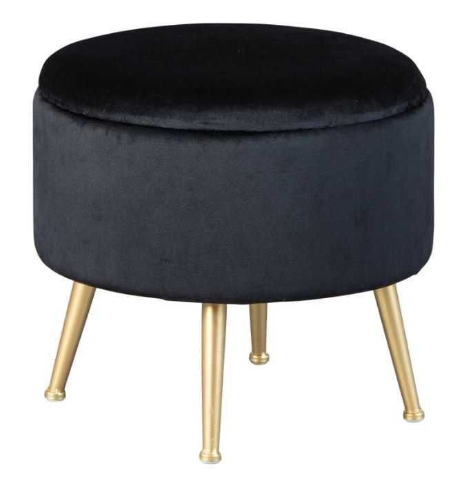 Pouf de rangement velours noir pieds métal doré Willa - Photo n°1