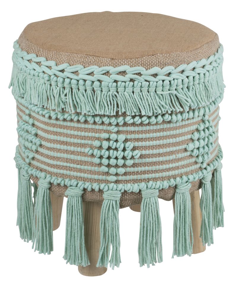 Pouf frange coton bleu azur Katina D 37 cm - Photo n°1