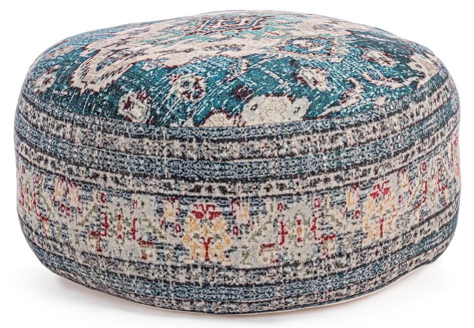 Pouf rond en coton nuance de bleu avec motifs Lima - Lot de 2 - Photo n°1