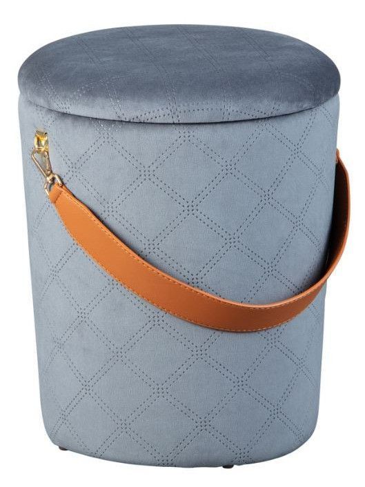 Pouf rond velours gris avec sangle en simili cuir Valentin - Photo n°1