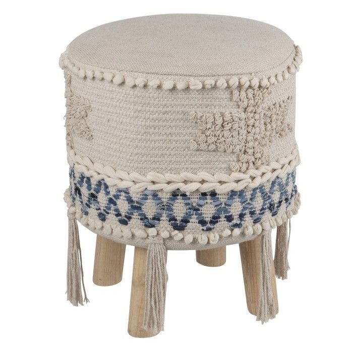 Pouf tissu beige et bleu pieds bois massif Marino D 30 cm - Photo n°1