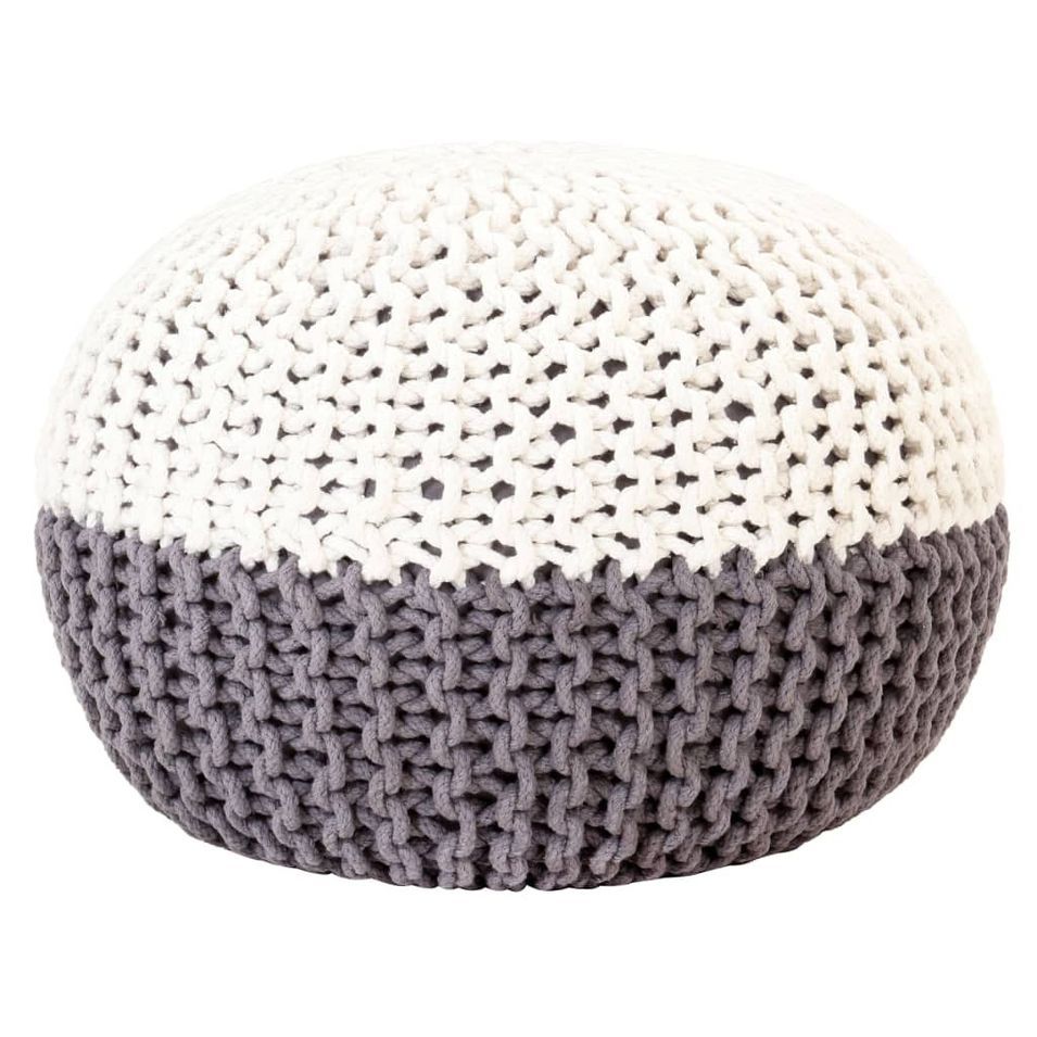 Pouf tricoté à la main Anthracite et blanc 50 x 35 cm Coton - Photo n°1