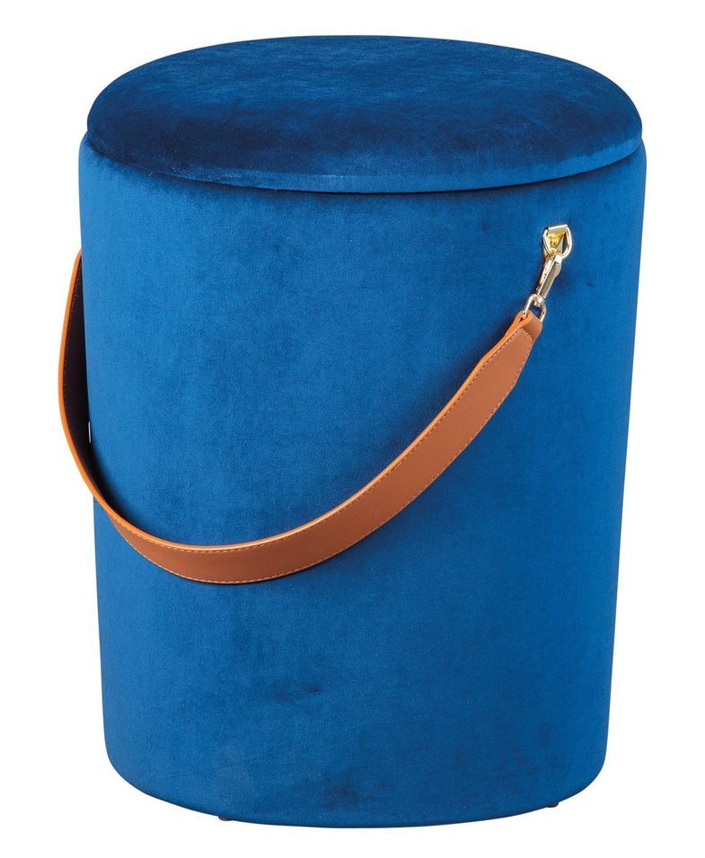 Pouf velours bleu avec sangle en simili cuir Valentin - Photo n°1