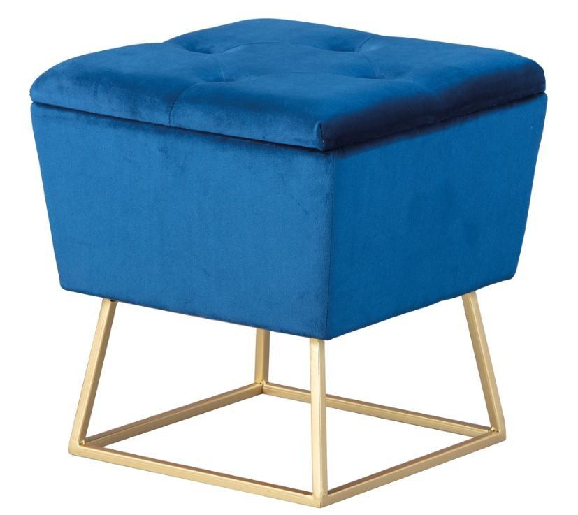Pouf carré velours bleu et pieds métal doré Willa - Photo n°1