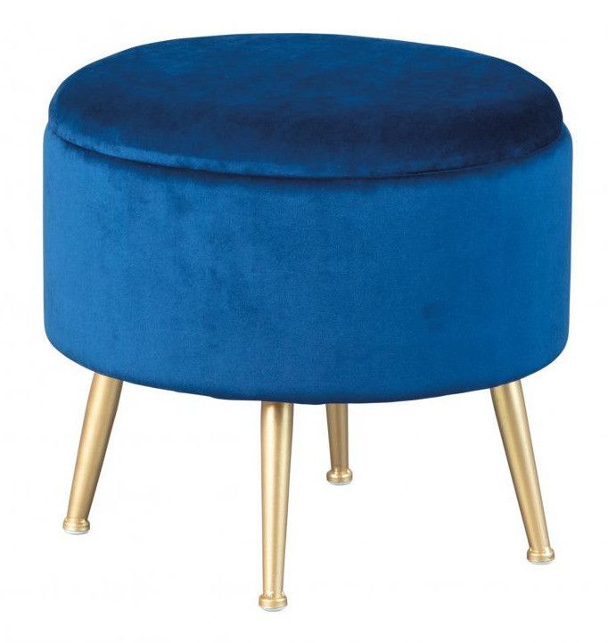 Pouf de rangement velours bleu et pieds métal doré Willa - Photo n°1