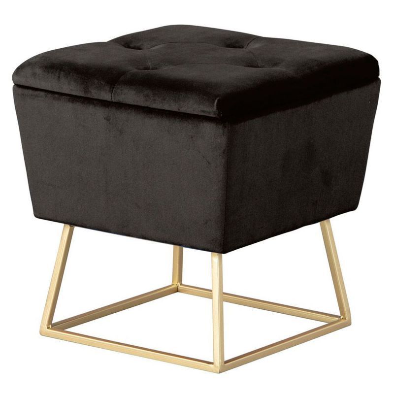 Pouf carré velours noir et pieds métal doré Willa - Photo n°1