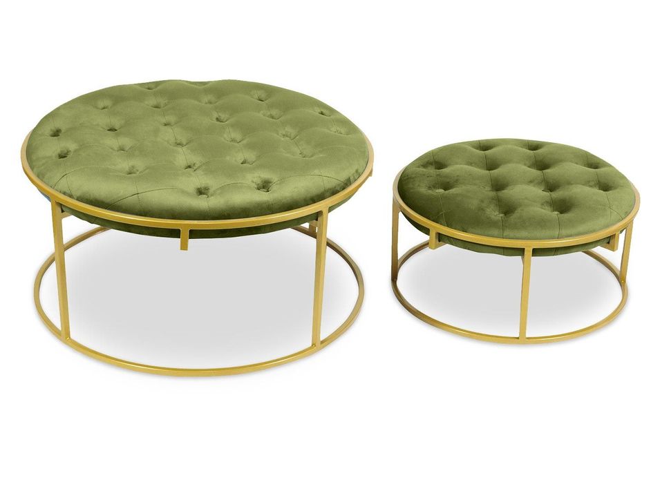 Pouf velours vert kaki et pied métal doré Vanilia - Lot de 2 - Photo n°1