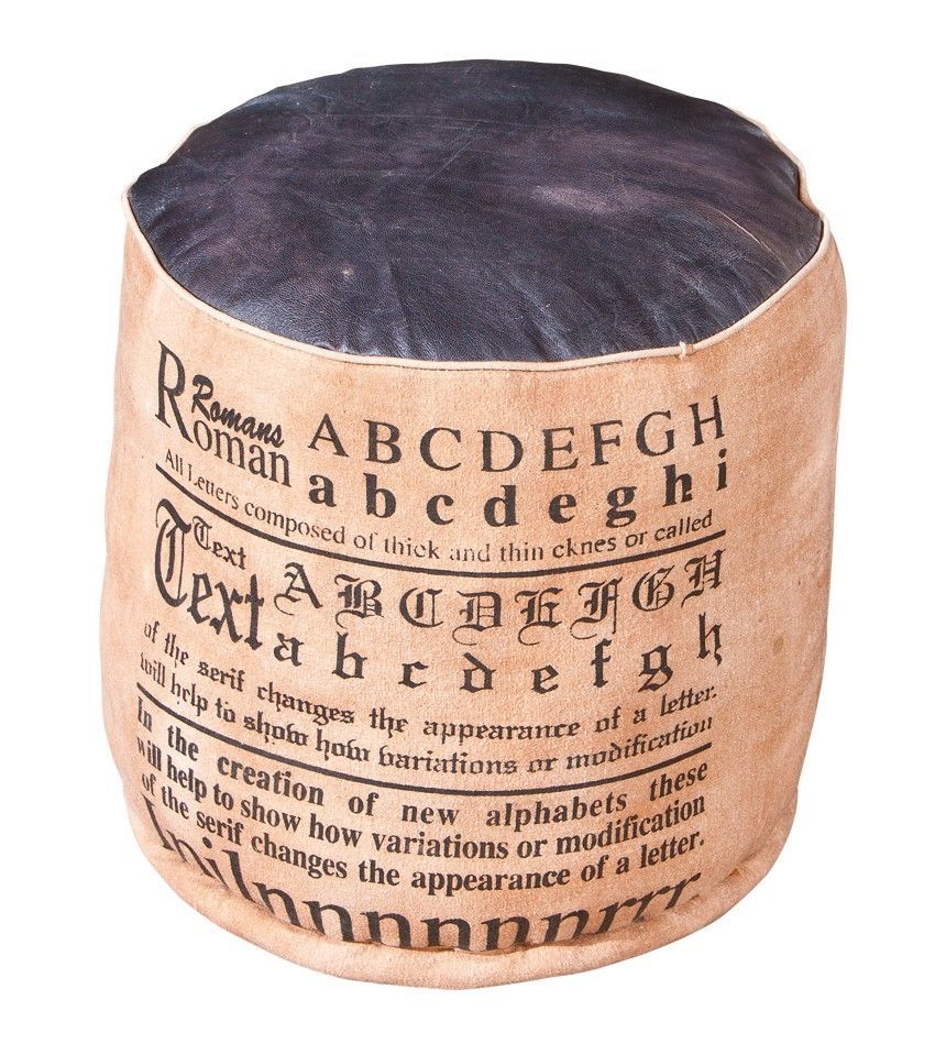 Pouf vintage toile marron imprimé et assise cuir noir Calina - Photo n°1