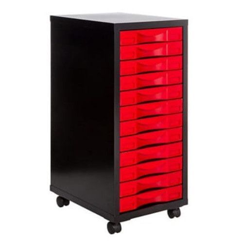 Rangement de bureau sur roulettes 12 tiroirs métal rouge et noir Folia - Photo n°1