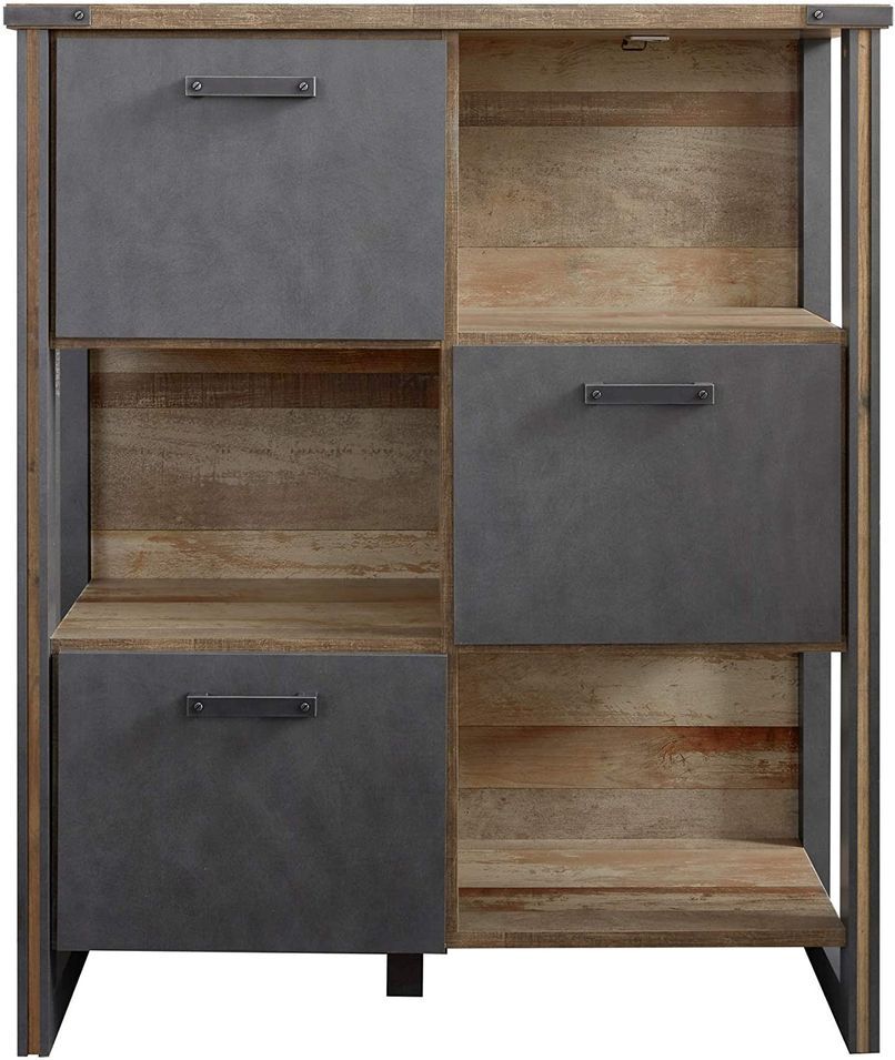 Rangement vintage vieux bois usé et gris avec rivets - Photo n°1