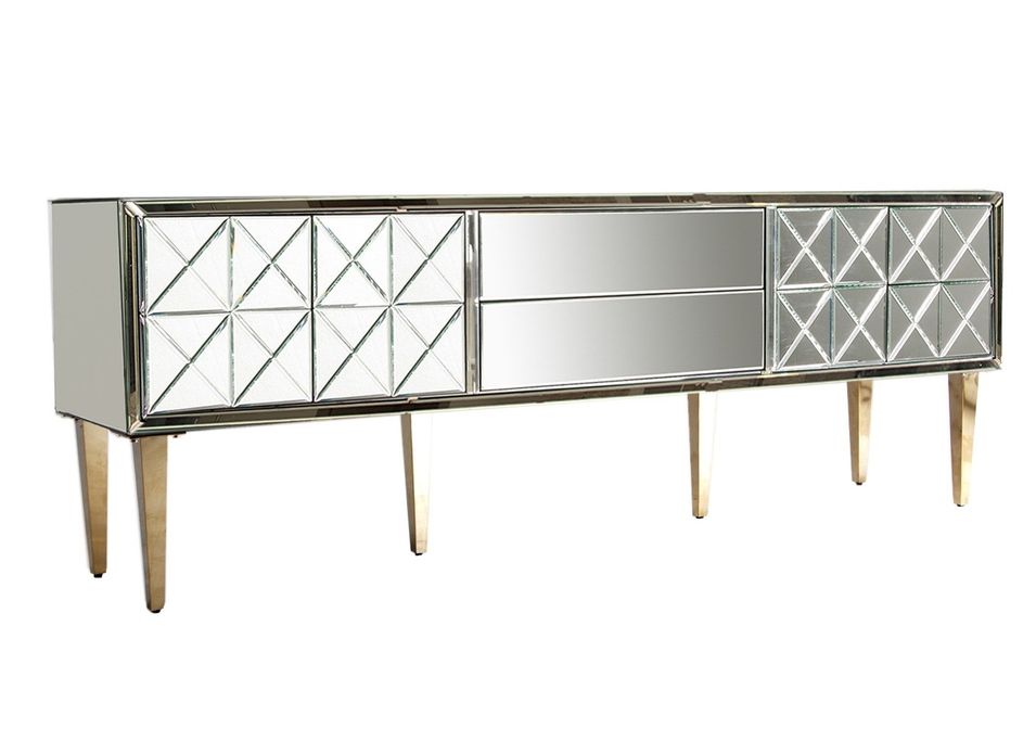 Meuble TV 2 portes 2 tiroirs miroir et pieds acier doré Barnes 200 cm - Photo n°1