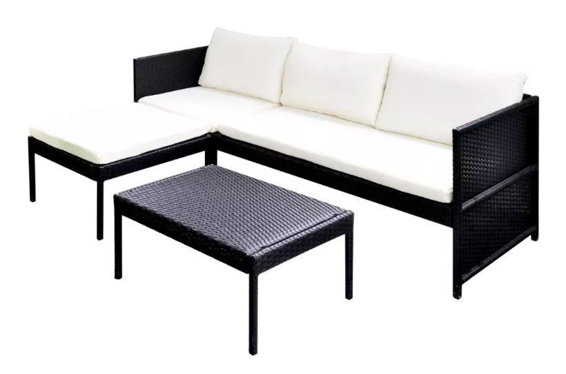 Salon de jardin 1 canapé résine tressée noir coussins blanc Kesaria - Photo n°1