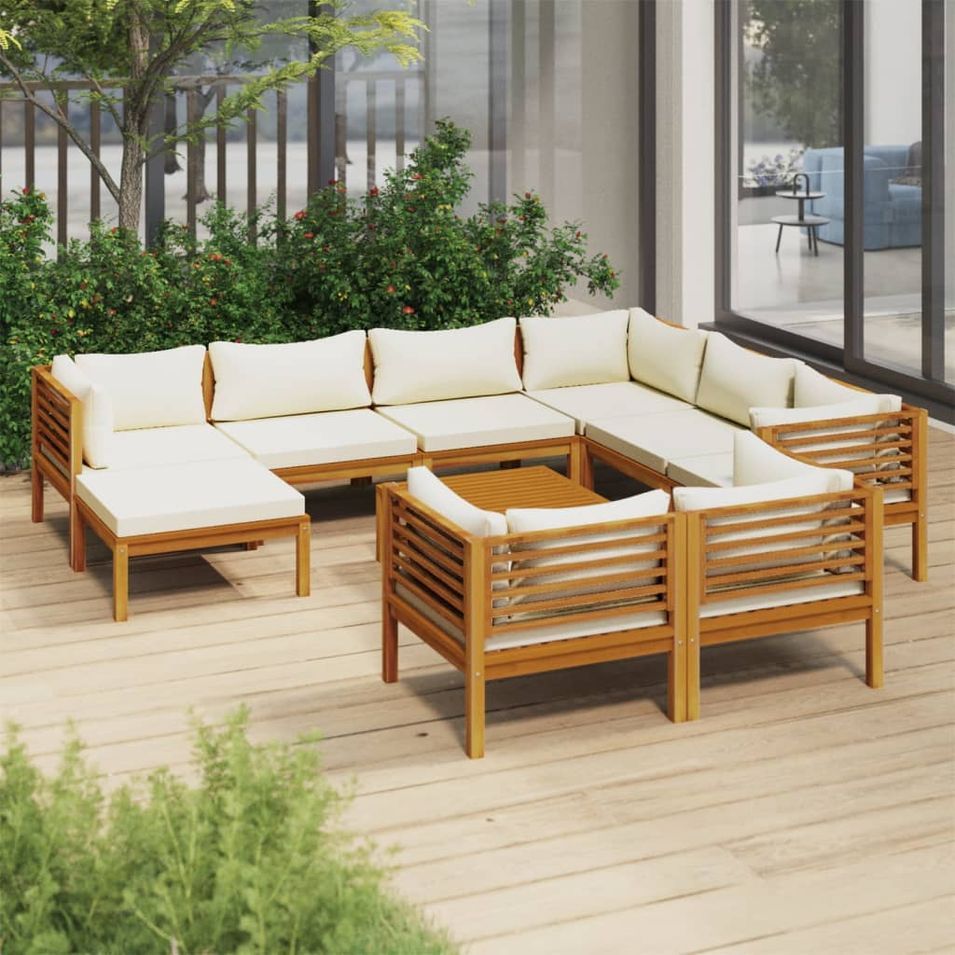 Salon de jardin 10 pcs avec coussin crème Bois d'acacia solide - Photo n°1