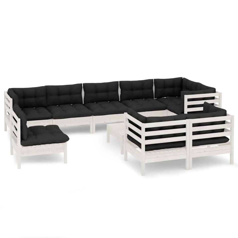 Salon de jardin 10 pcs avec coussins Blanc Bois de pin massif 2 - Photo n°1