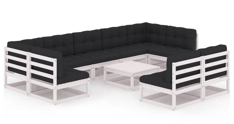 Salon de jardin 10 pcs avec coussins Blanc Bois de pin massif 20 - Photo n°1