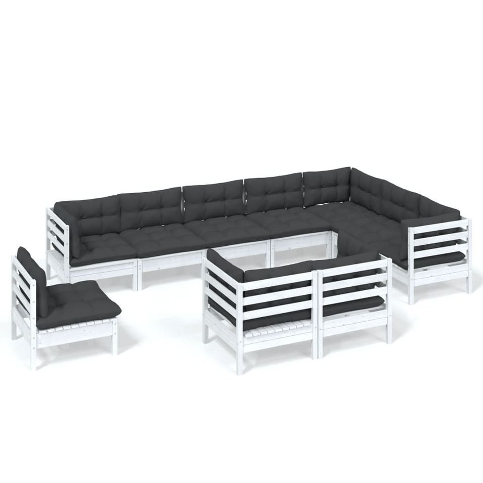 Salon de jardin 10 pcs avec coussins Blanc Bois de pin solide 3 - Photo n°1