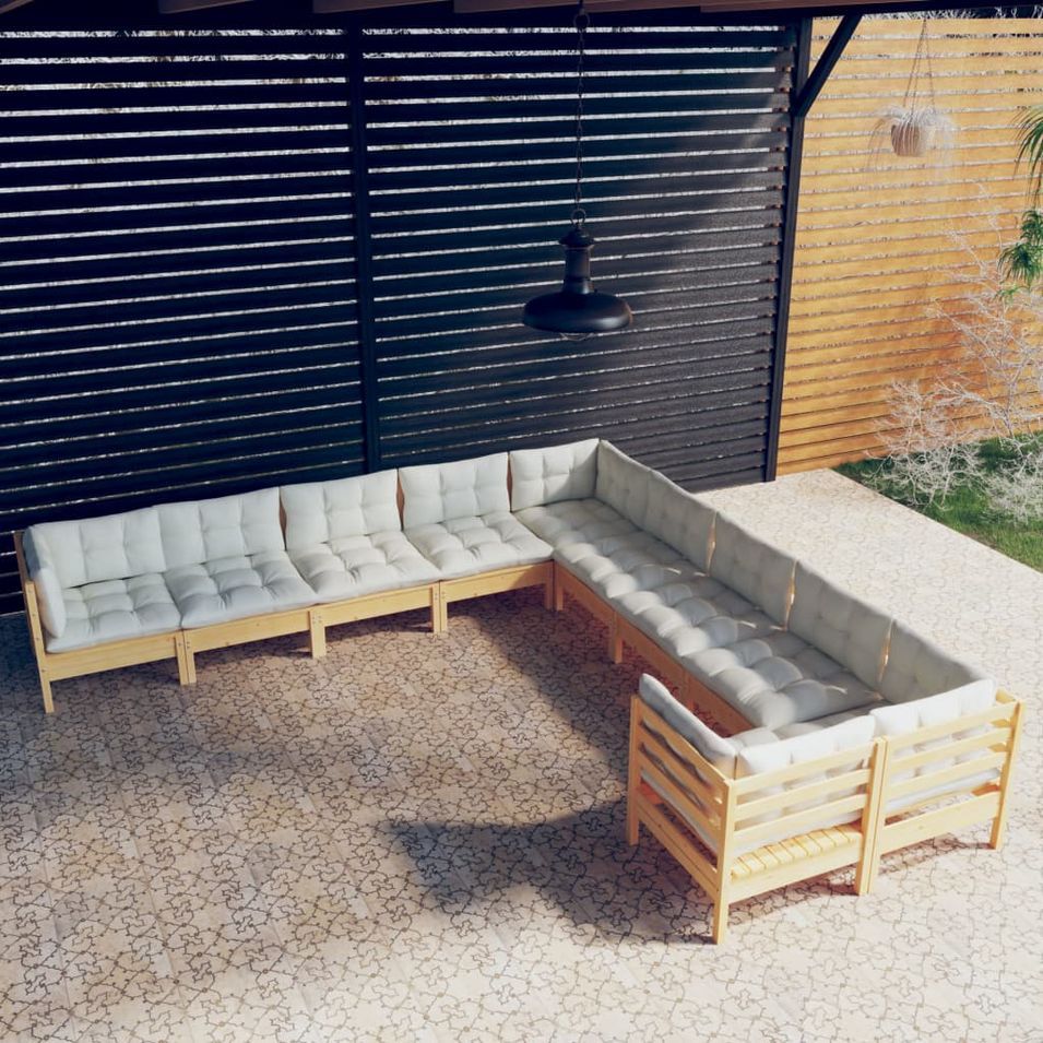 Salon de jardin 10 pcs avec coussins crème Bois de pin - Photo n°1