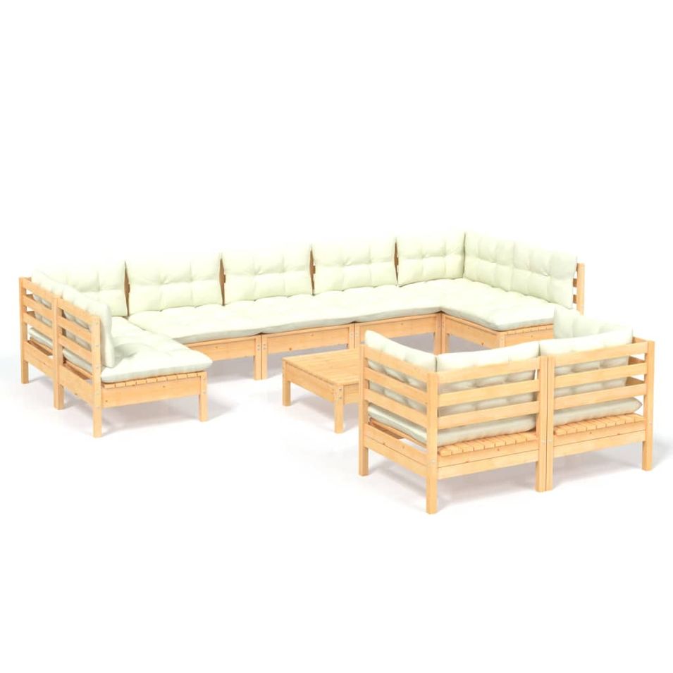 Salon de jardin 10 pcs avec coussins crème Bois de pin massif 4 - Photo n°1