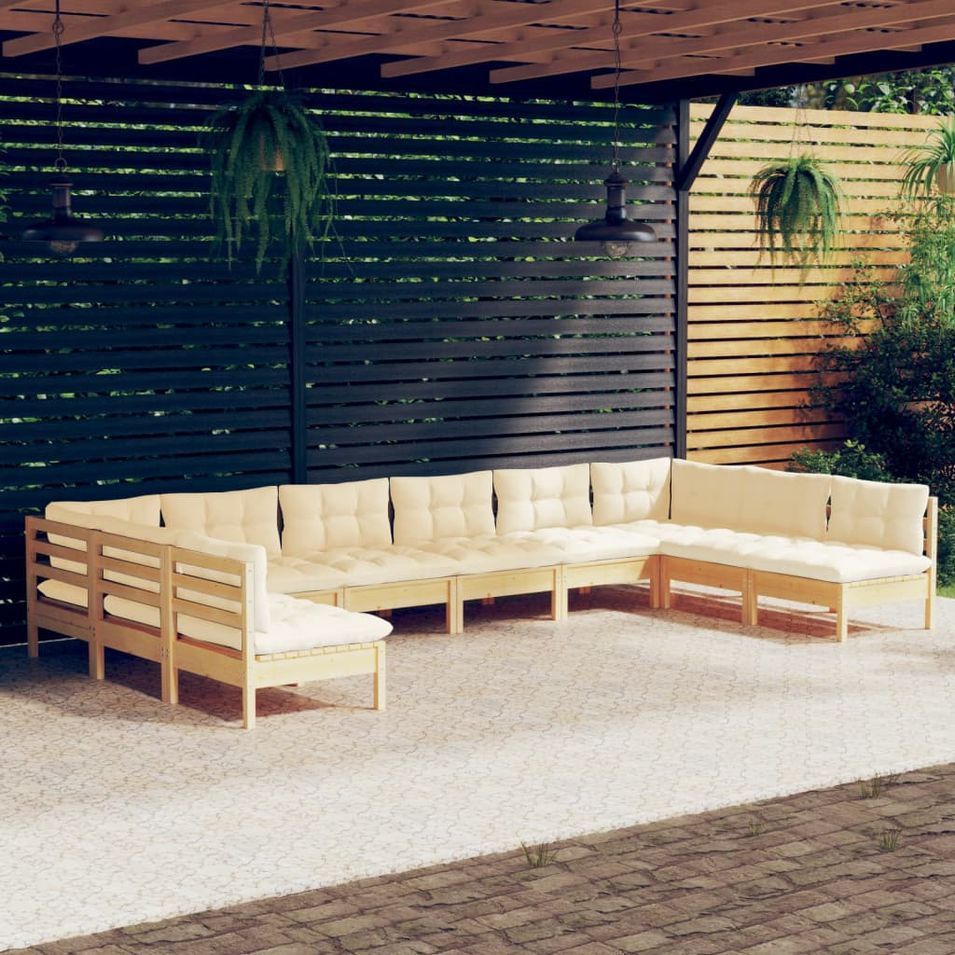 Salon de jardin 10 pcs avec coussins crème Bois de pin massif - Photo n°1