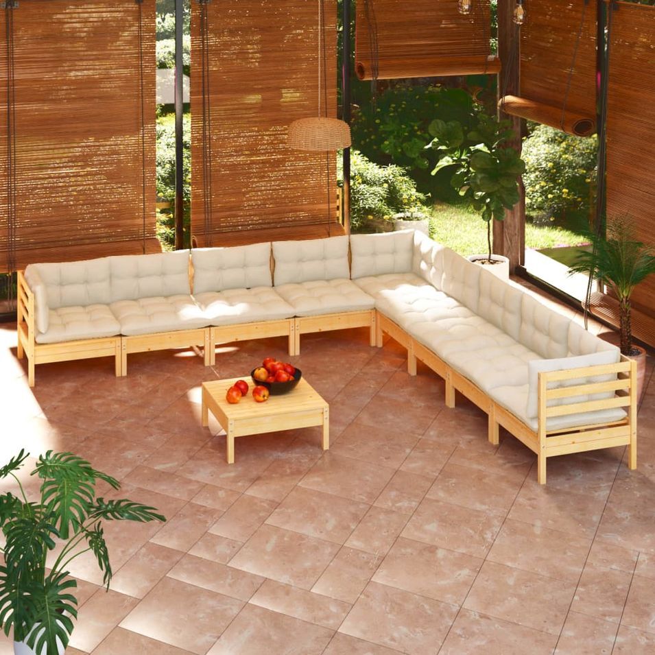 Salon de jardin 10 pcs avec coussins crème Bois de pin solide - Photo n°1