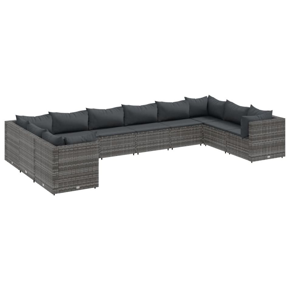 Salon de jardin 10 pcs avec coussins Gris Résine tressée - Photo n°1