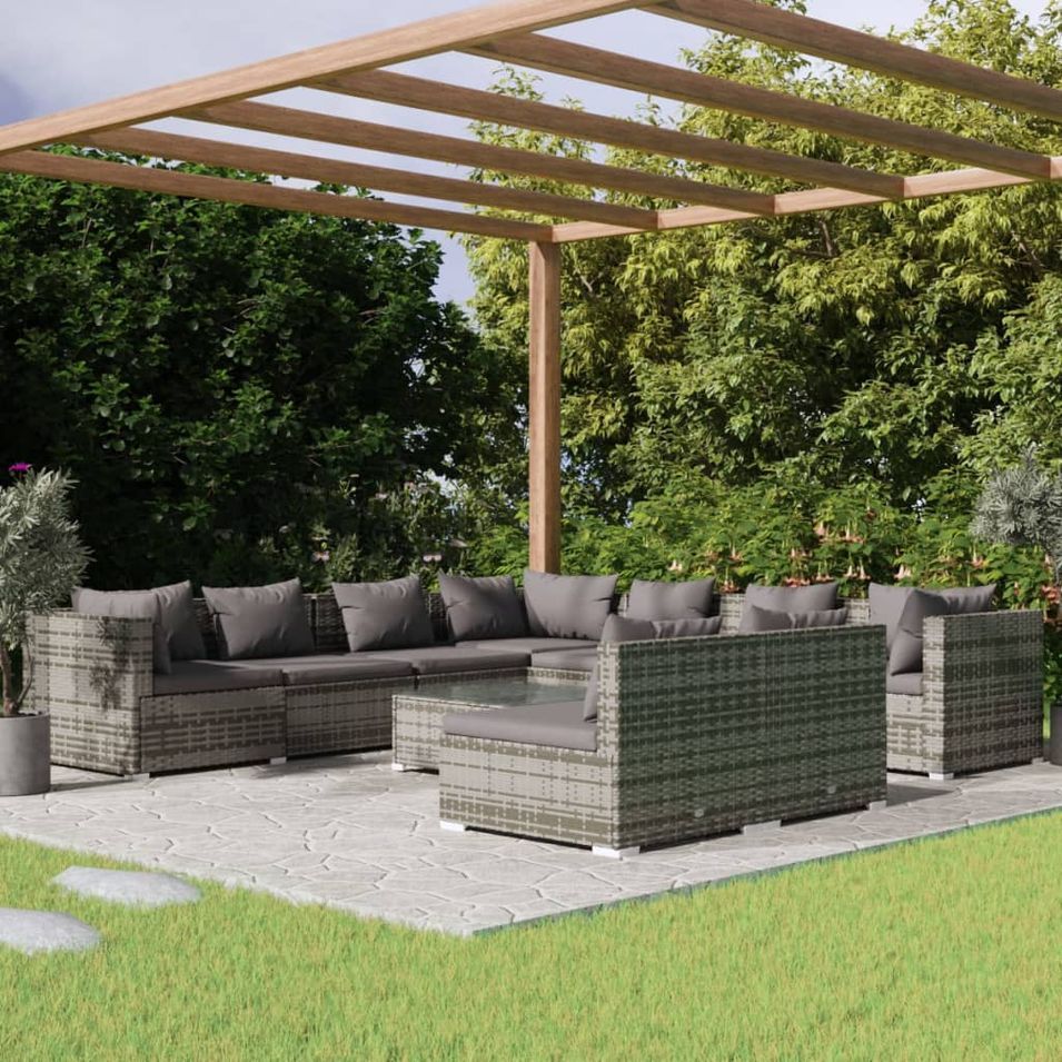 Salon de jardin 10 pcs avec coussins Gris Résine tressée - Photo n°1