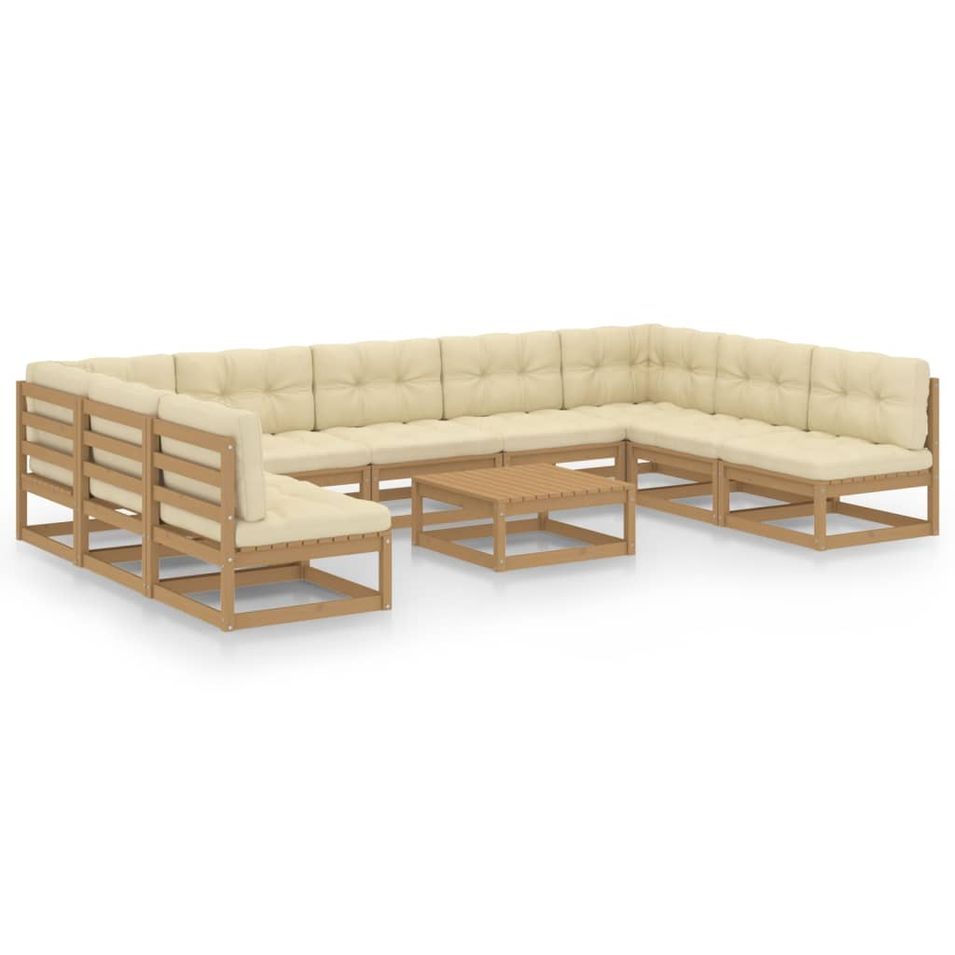 Salon de jardin 10 pcs avec coussins Marron miel Bois de pin 31 - Photo n°1