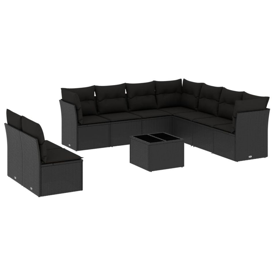 Salon de jardin 10 pcs avec coussins noir résine tressée - Photo n°1