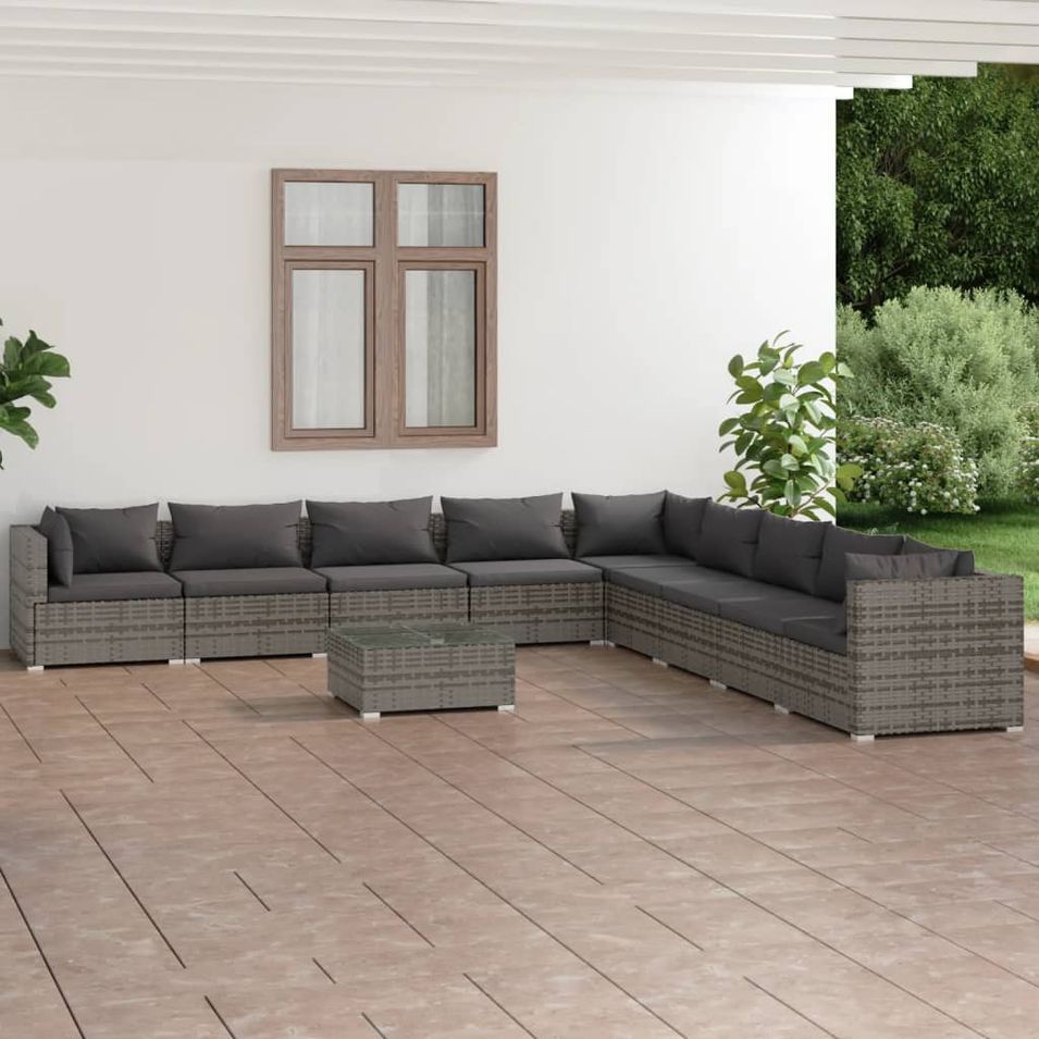 Salon de jardin 10 pcs avec coussins Résine tressée Gris - Photo n°1
