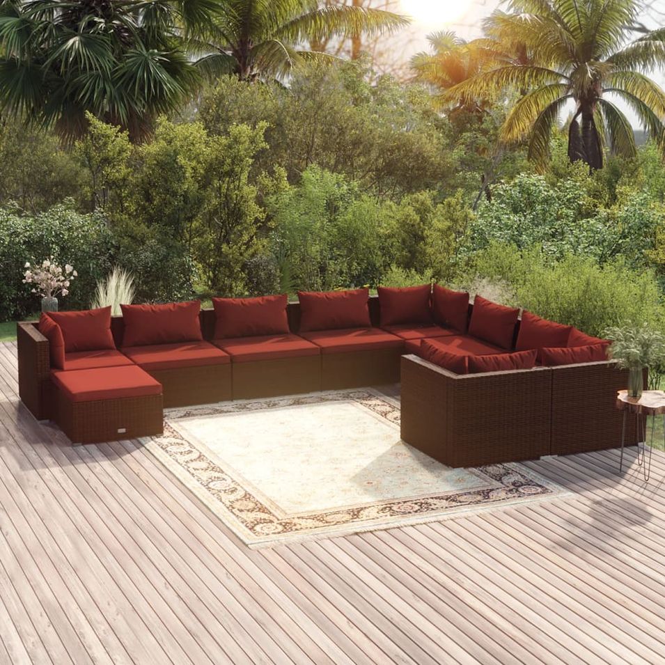 Salon de jardin 10 pcs avec coussins Résine tressée Marron - Photo n°1