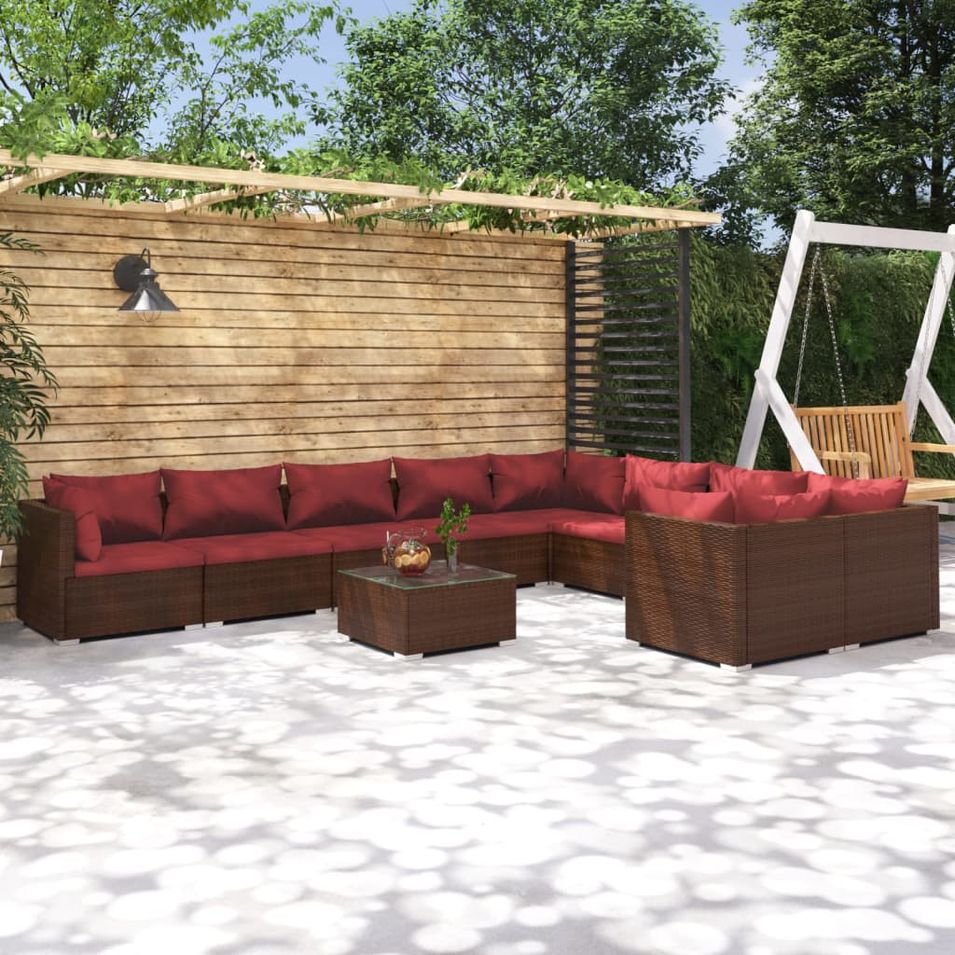 Salon de jardin 10 pcs avec coussins Résine tressée Marron - Photo n°1
