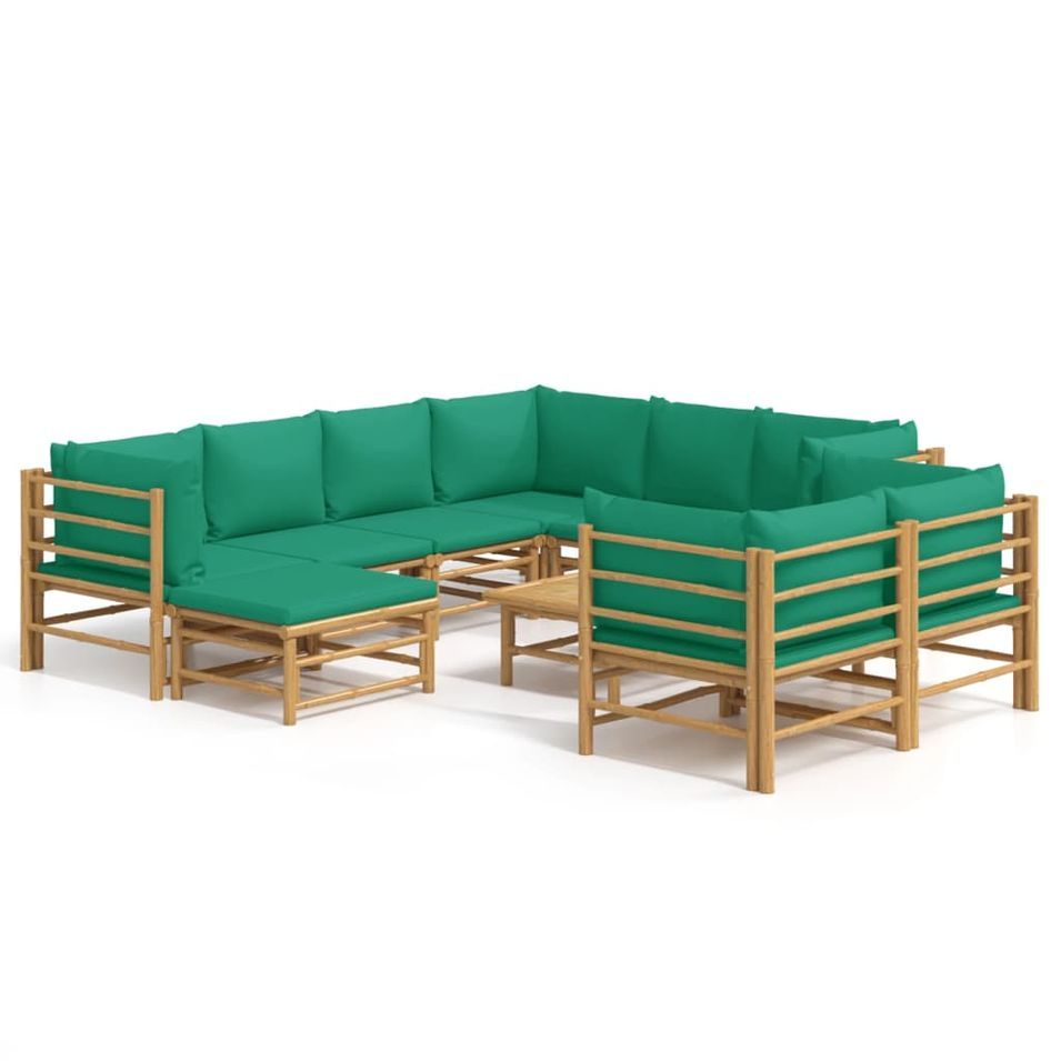 Salon de jardin 10 pcs avec coussins vert bambou - Photo n°1