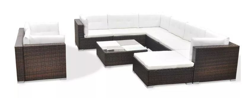 Salon de jardin 10 pièces résine tressée marron coussins blanc Kim - Photo n°1