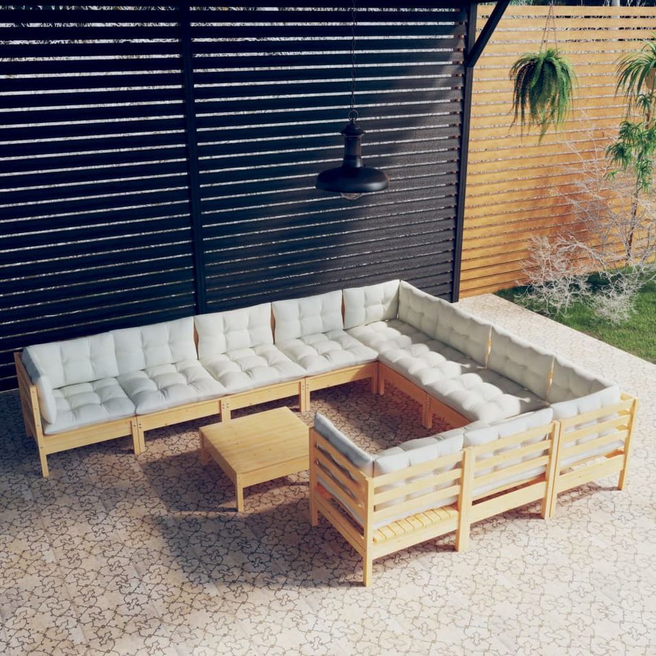 Salon de jardin 11 pcs avec coussins crème bois de pin - Photo n°1