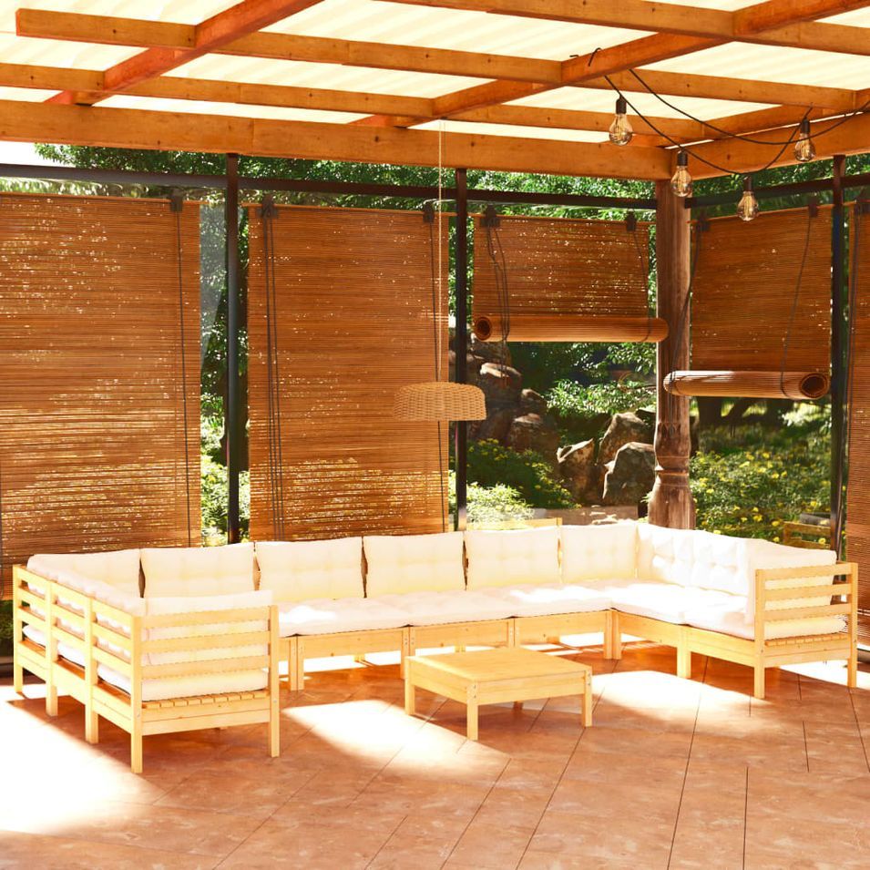 Salon de jardin 11 pcs avec coussins crème bois de pin - Photo n°1
