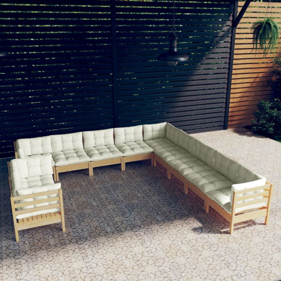 Salon de jardin 11 pcs avec coussins crème Bois de pin solide - Photo n°1