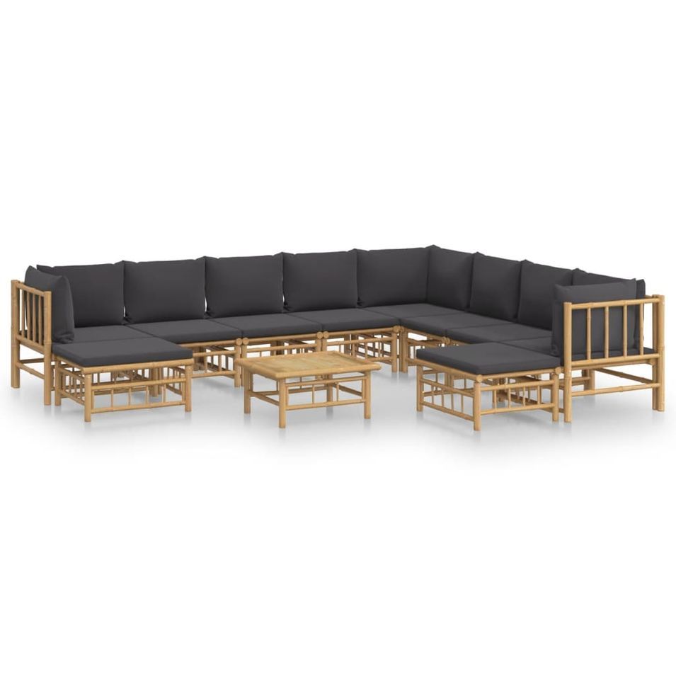 Salon de jardin 11 pcs avec coussins gris foncé bambou - Photo n°1