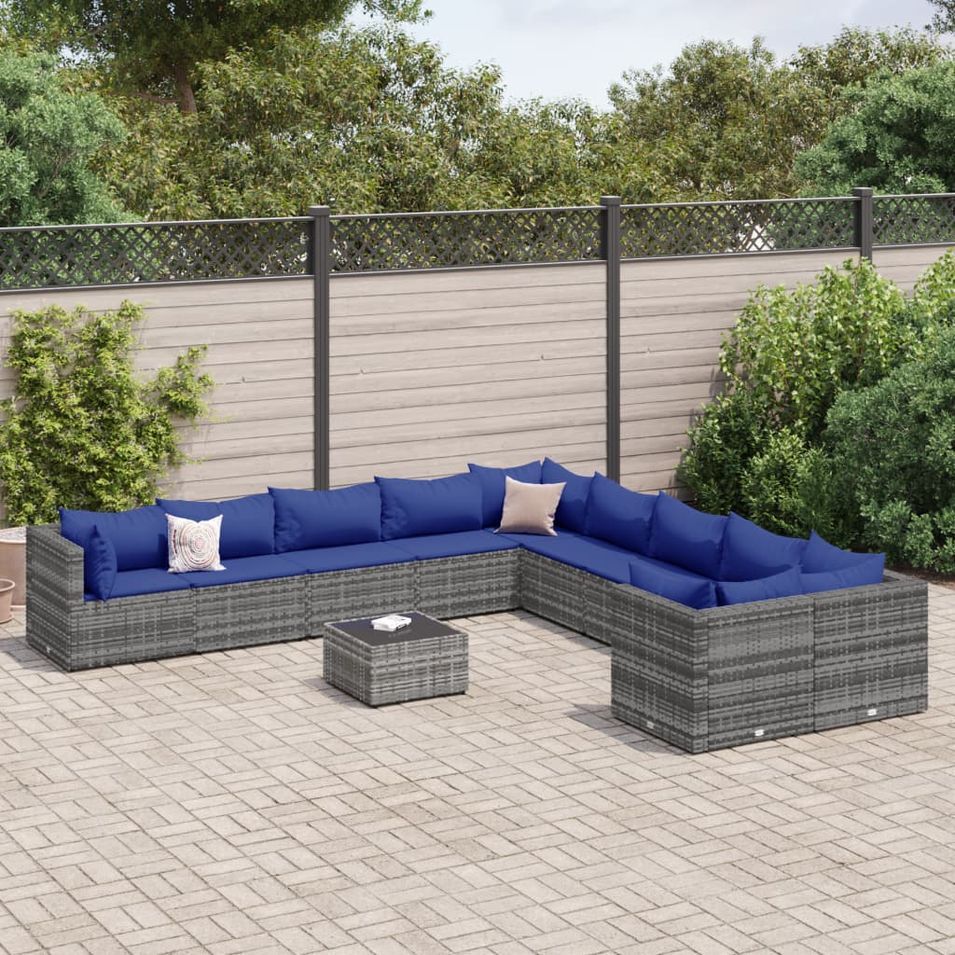 Salon de jardin 11 pcs avec coussins gris résine tressée - Photo n°1