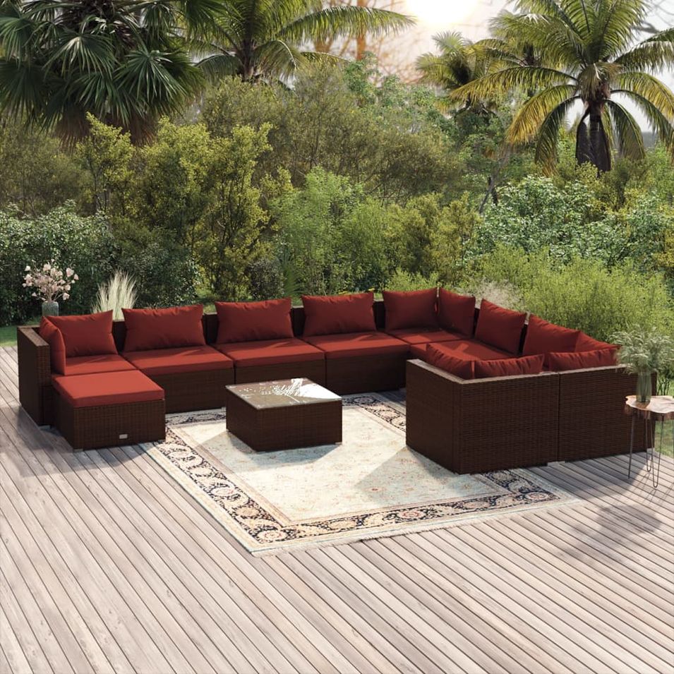 Salon de jardin 11 pcs avec coussins Résine tressée Marron - Photo n°1